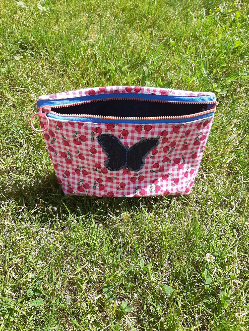 Handmade Cherry And Butterfly Denim Lined Zipper Pouch